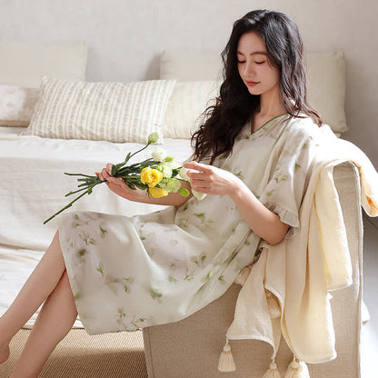 Romantic Floral Lyocell V-Neck Lounge Sleep Dress