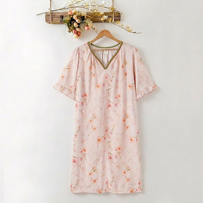 Floral Lyocell V Neck Ruffle Sleeve Lounge Dress