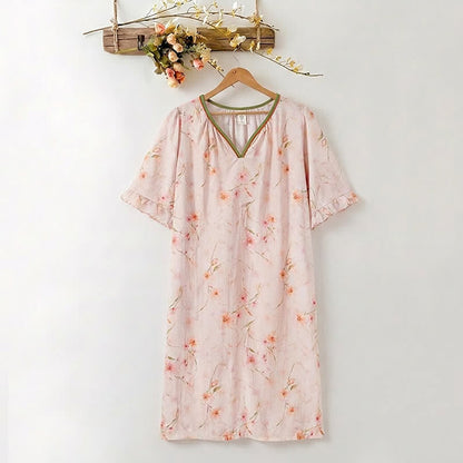 Floral Lyocell V Neck Ruffle Sleeve Lounge Dress