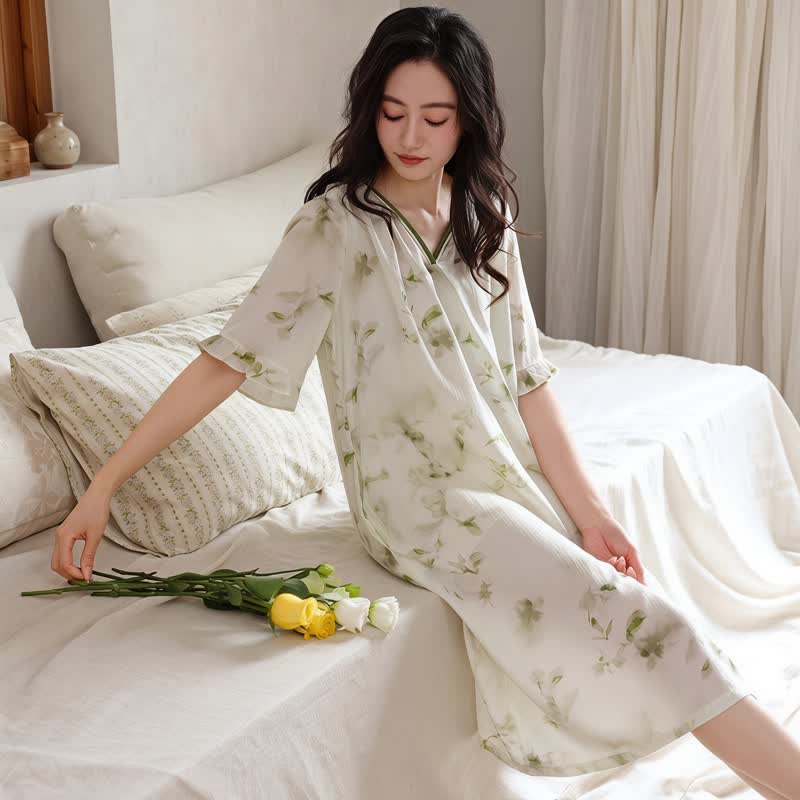 Romantic Floral Lyocell V-Neck Lounge Sleep Dress