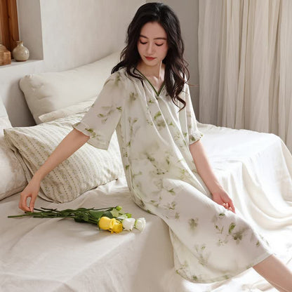 Romantic Floral Lyocell V-Neck Lounge Sleep Dress