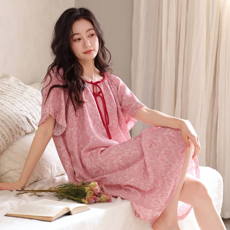Floral Lyocell Tie Neck Sleep Dress