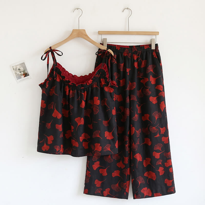 Ginkgo Leaf Print Tie-Shoulder Loungewear Set