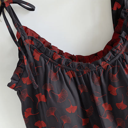 Ginkgo Leaf Print Tie-Shoulder Loungewear Set