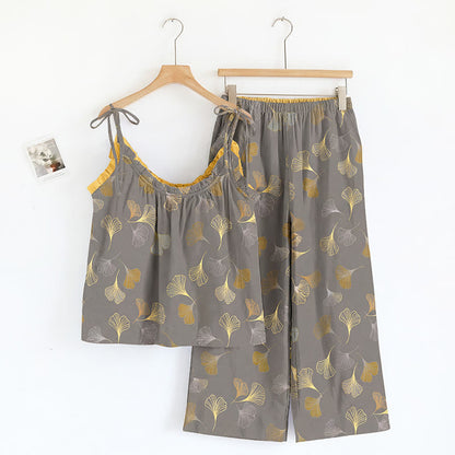Ginkgo Leaf Print Tie-Shoulder Loungewear Set