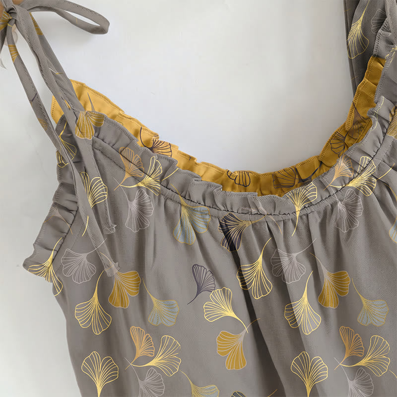 Ginkgo Leaf Print Tie-Shoulder Loungewear Set