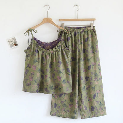 Ginkgo Leaf Print Tie-Shoulder Loungewear Set