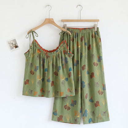 Ginkgo Leaf Print Tie-Shoulder Loungewear Set