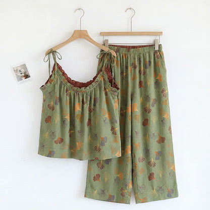 Ginkgo Leaf Print Tie-Shoulder Loungewear Set