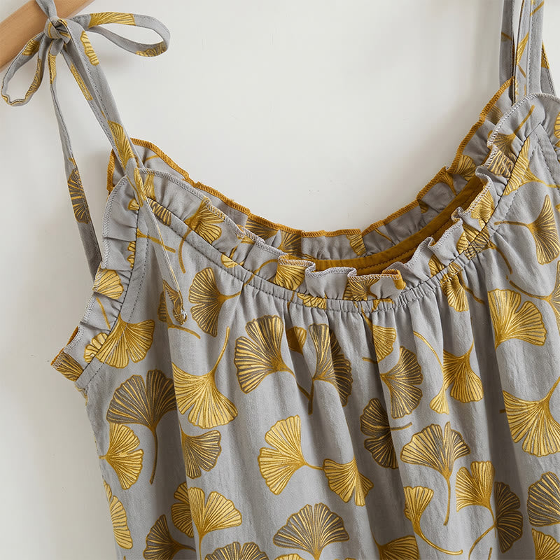 Ginkgo Leaf Print Tie-Shoulder Loungewear Set