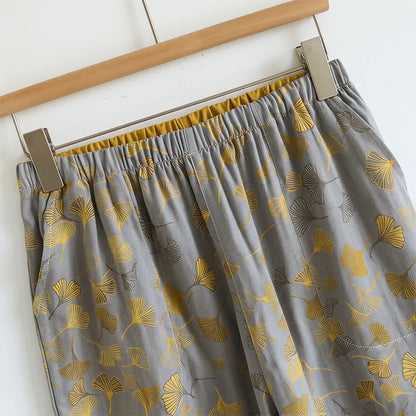 Ginkgo Leaf Print Tie-Shoulder Loungewear Set