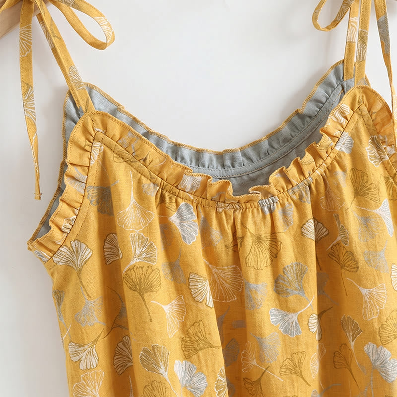 Ginkgo Leaf Print Tie-Shoulder Loungewear Set