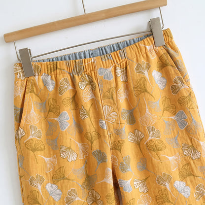 Ginkgo Leaf Print Tie-Shoulder Loungewear Set