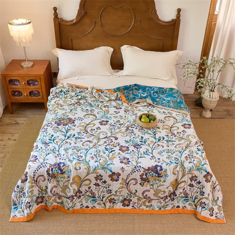 Reversible Floral Cotton Muslin Blanket Quilt