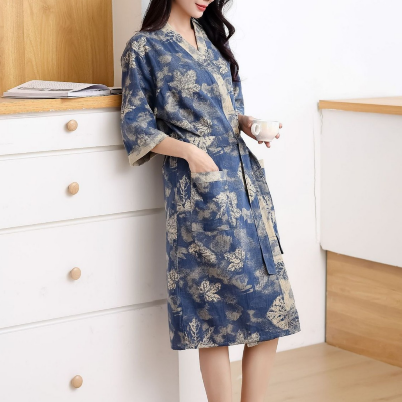 Maple Leaf Cotton Gauze Kimono Bathrobe