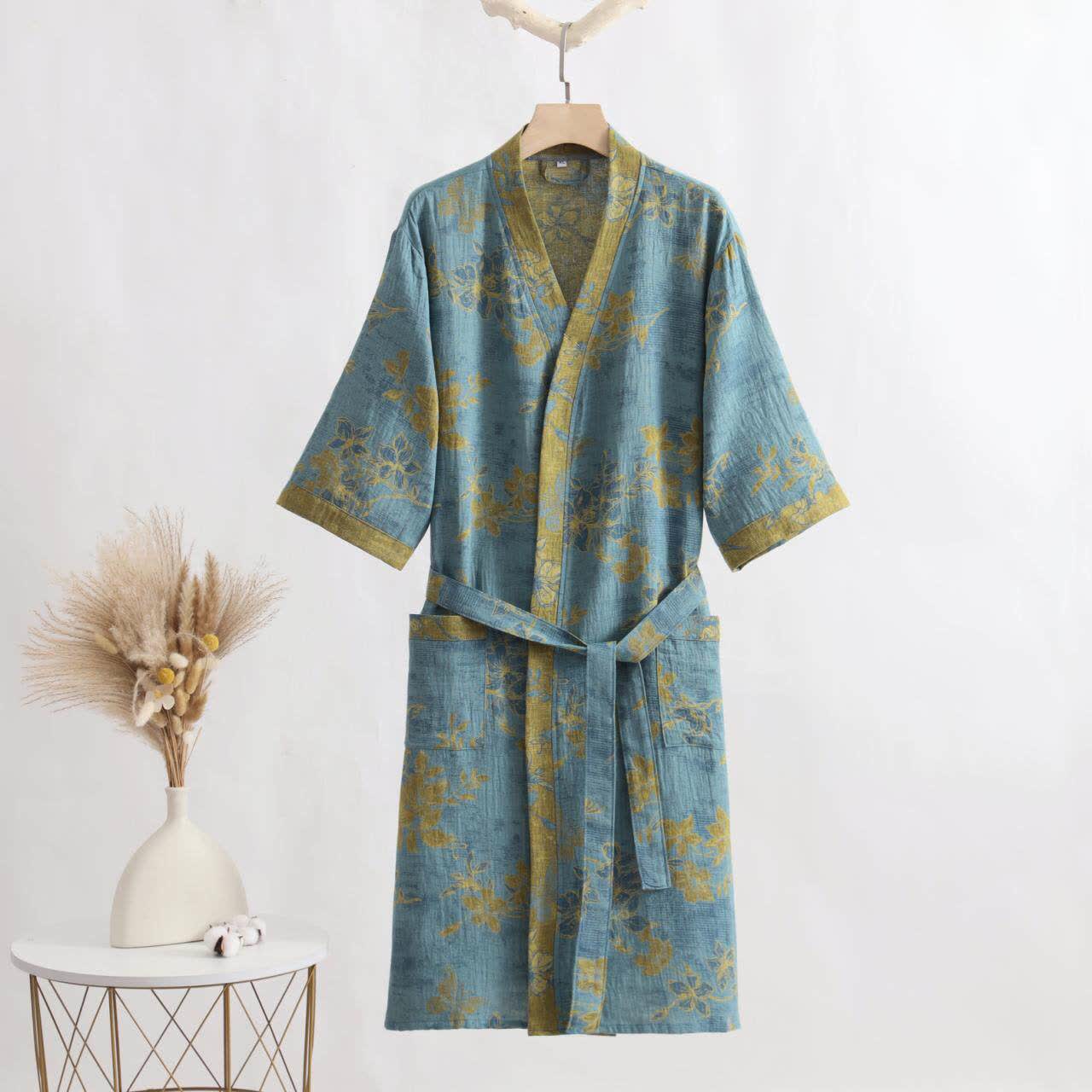 Blue Floral Cotton Gauze Kimono Bathrobe