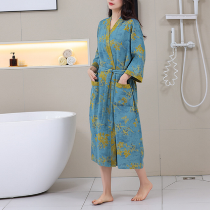 Blue Floral Cotton Gauze Kimono Bathrobe