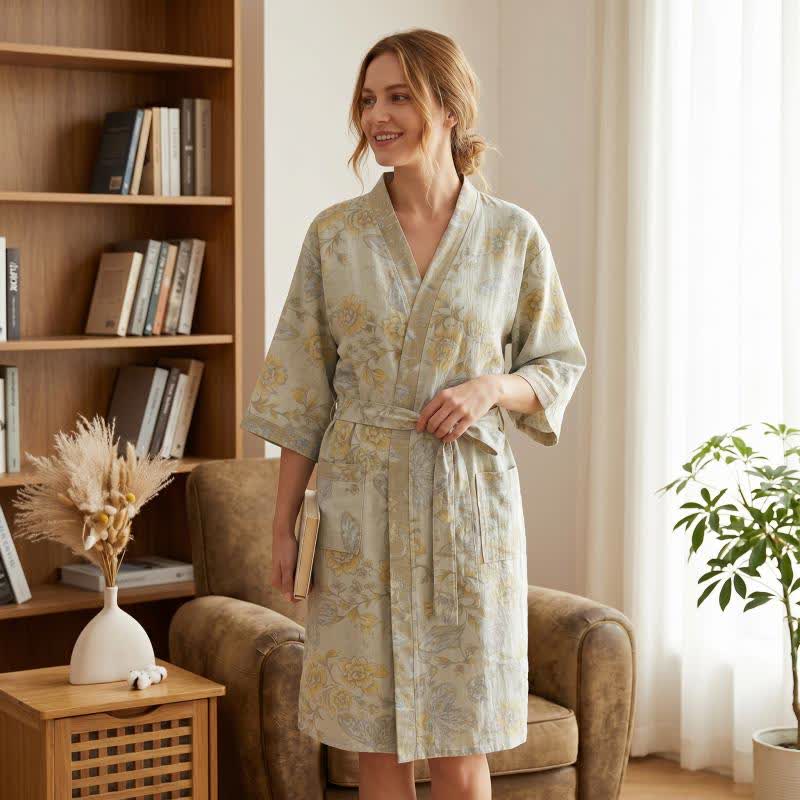 Floral Butterfly Cotton Gauze Kimono Bathrobe