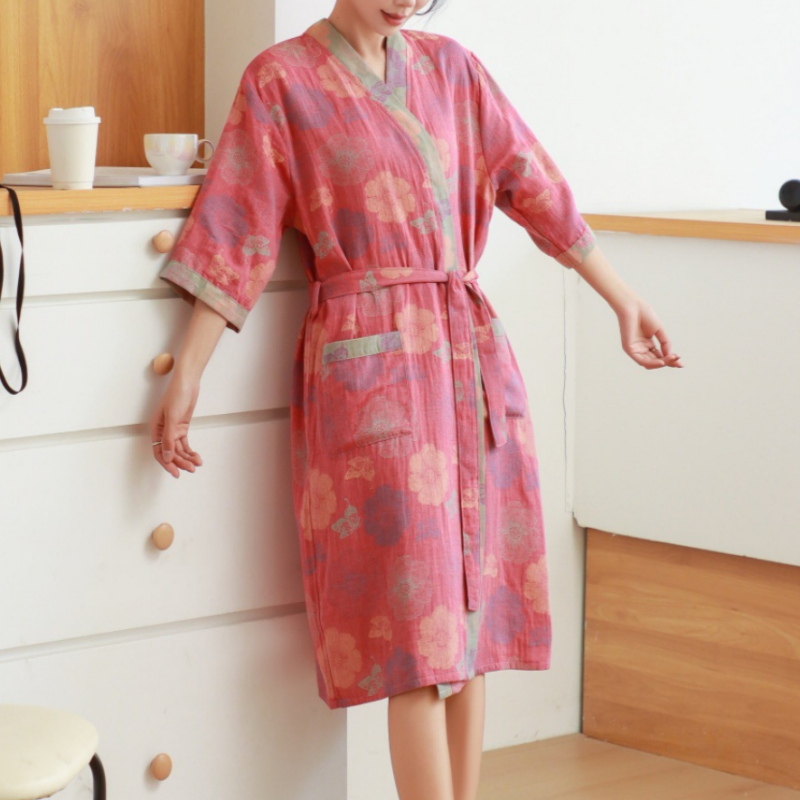 Pink Floral Cotton Gauze Kimono Bathrobe