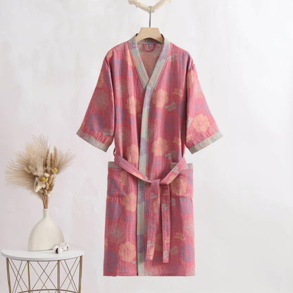 Pink Floral Cotton Gauze Kimono Bathrobe