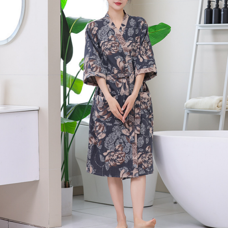 Floral Gauze Kimono Three-quarter Sleeve Bathrobe