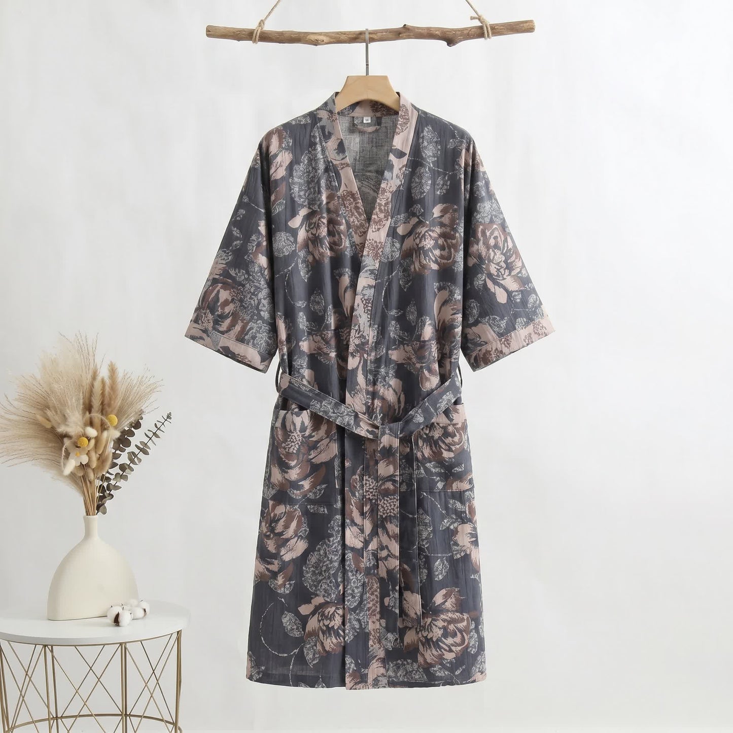 Floral Gauze Kimono Three-quarter Sleeve Bathrobe