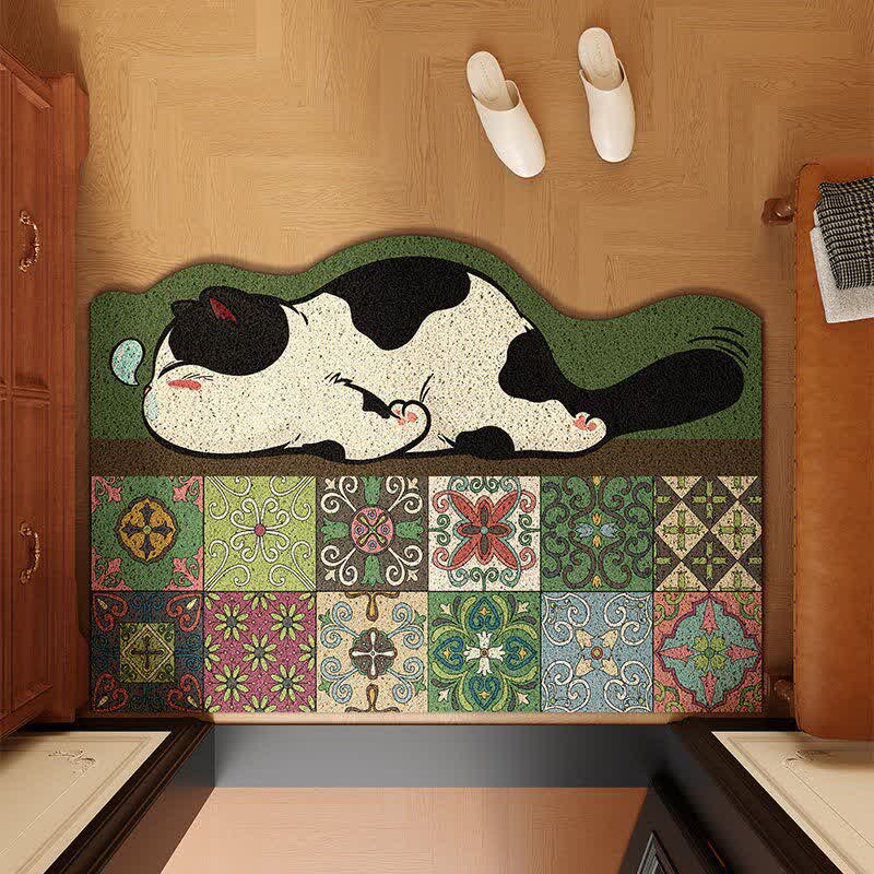 Sleeping Cat Scalloped Tile Entryway Rug