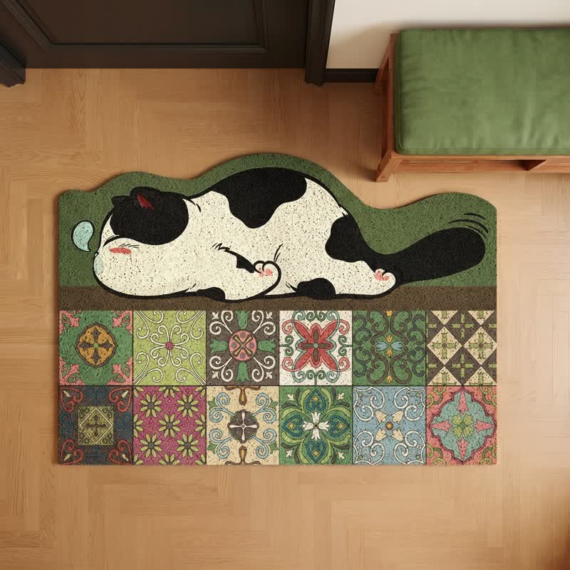 Sleeping Cat Scalloped Tile Entryway Rug