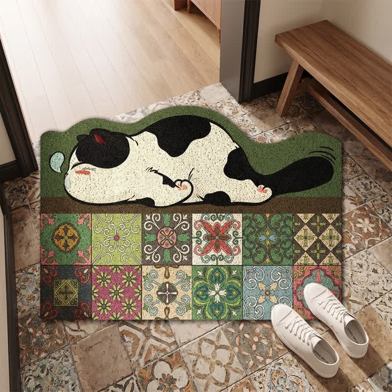 Sleeping Cat Scalloped Tile Entryway Rug