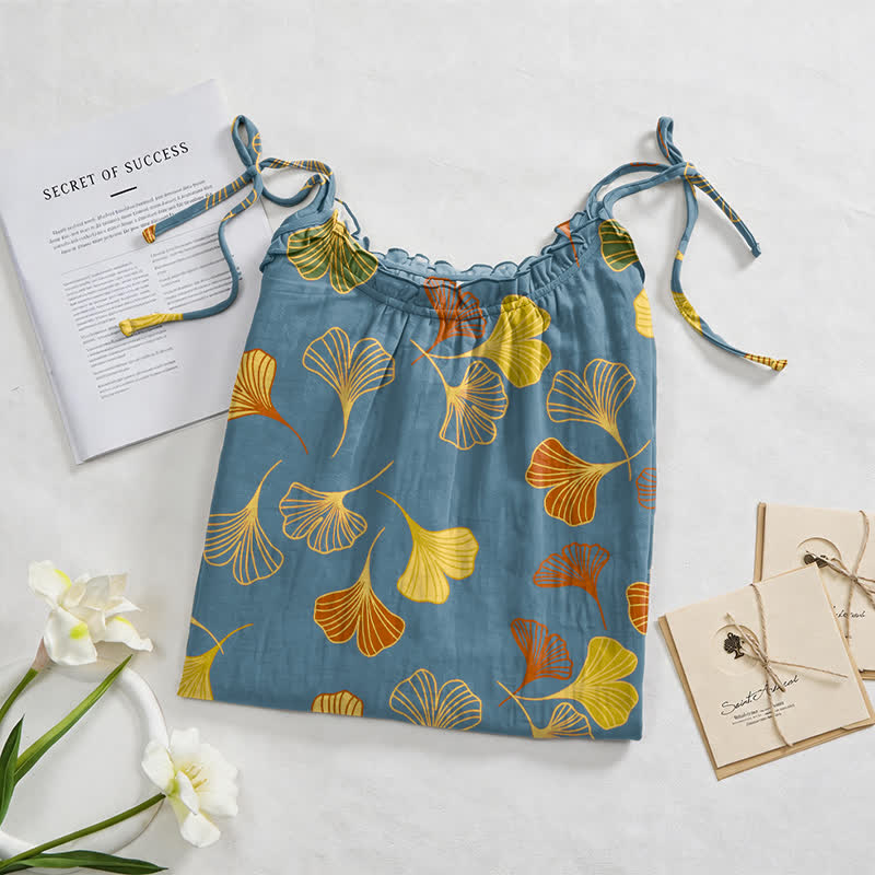 Ginkgo Leaf Tie Strap Lounge Nightgown