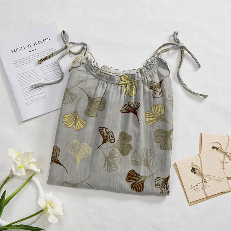 Ginkgo Leaf Tie Strap Lounge Nightgown