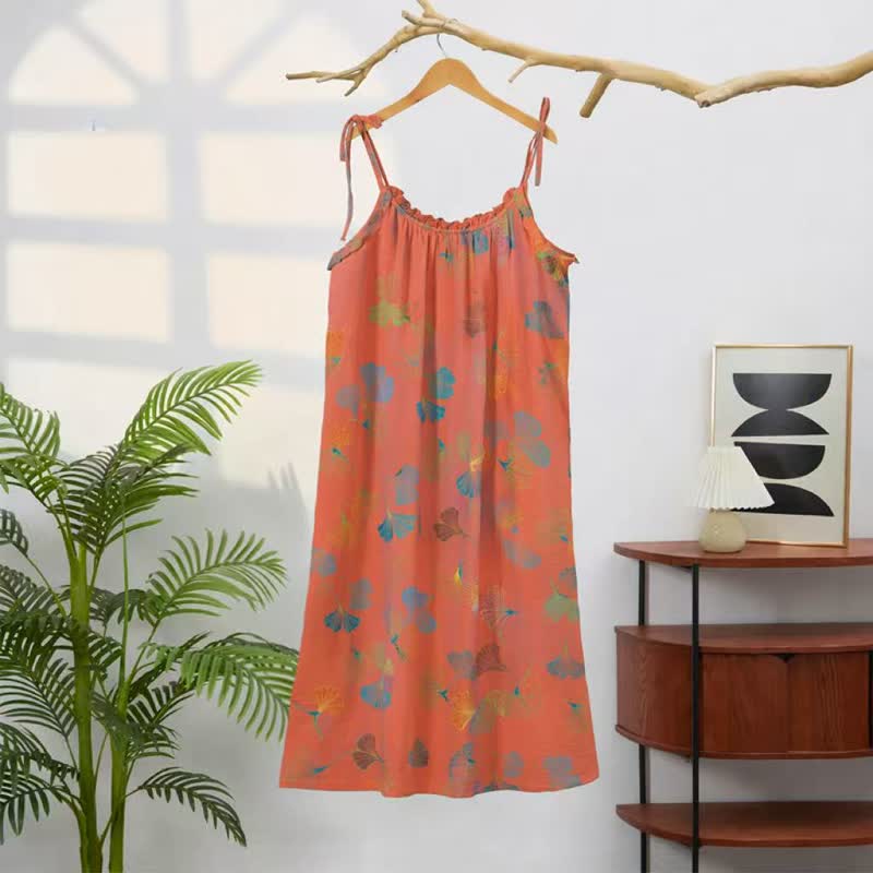 Ginkgo Leaf Tie Strap Lounge Nightgown