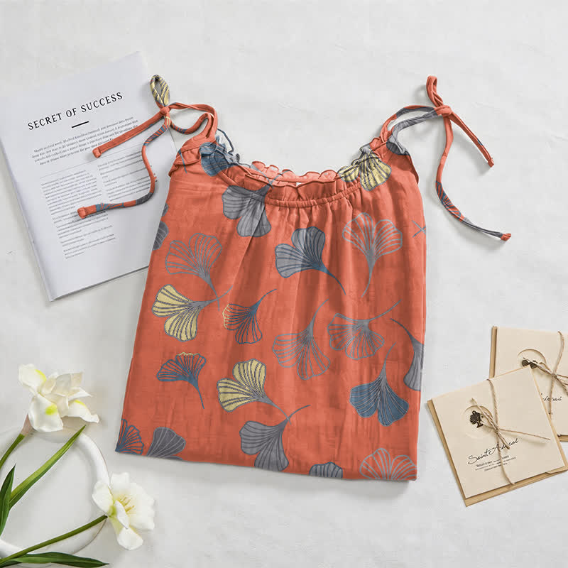 Ginkgo Leaf Tie Strap Lounge Nightgown