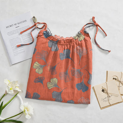 Ginkgo Leaf Tie Strap Lounge Nightgown