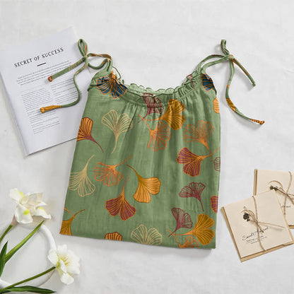 Ginkgo Leaf Tie Strap Lounge Nightgown