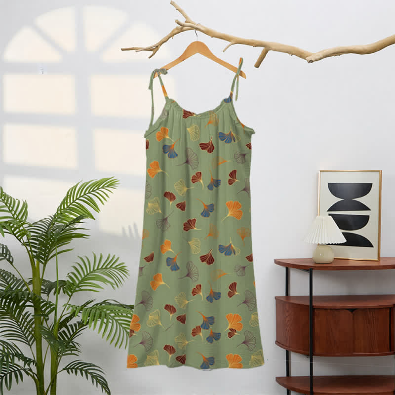 Ginkgo Leaf Tie Strap Lounge Nightgown