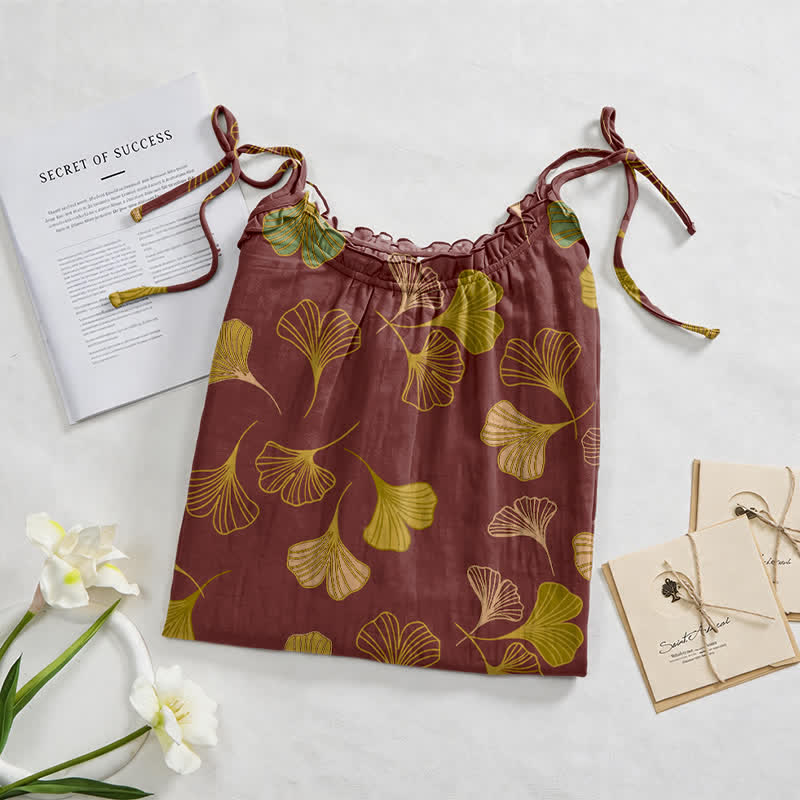 Ginkgo Leaf Tie Strap Lounge Nightgown