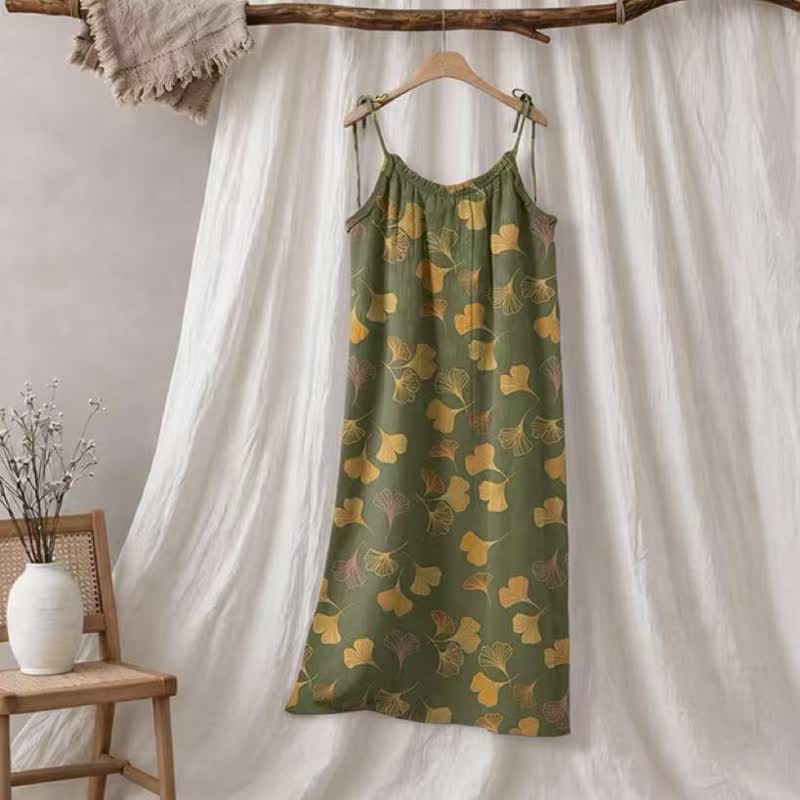 Ginkgo Leaf Tie Strap Lounge Nightgown