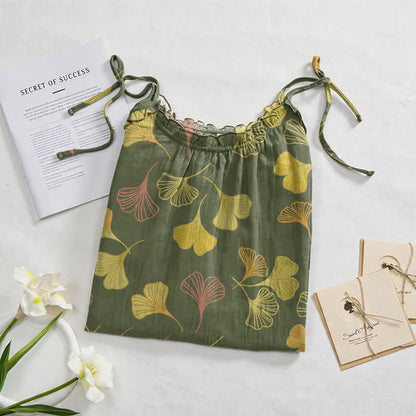 Ginkgo Leaf Tie Strap Lounge Nightgown