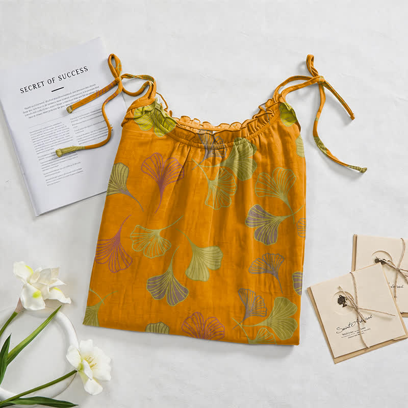 Ginkgo Leaf Tie Strap Lounge Nightgown