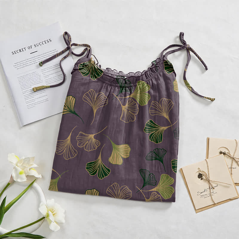 Ginkgo Leaf Tie Strap Lounge Nightgown