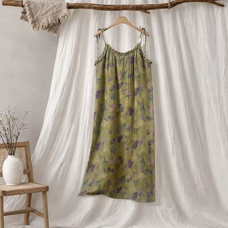 Ginkgo Leaf Tie Strap Lounge Nightgown