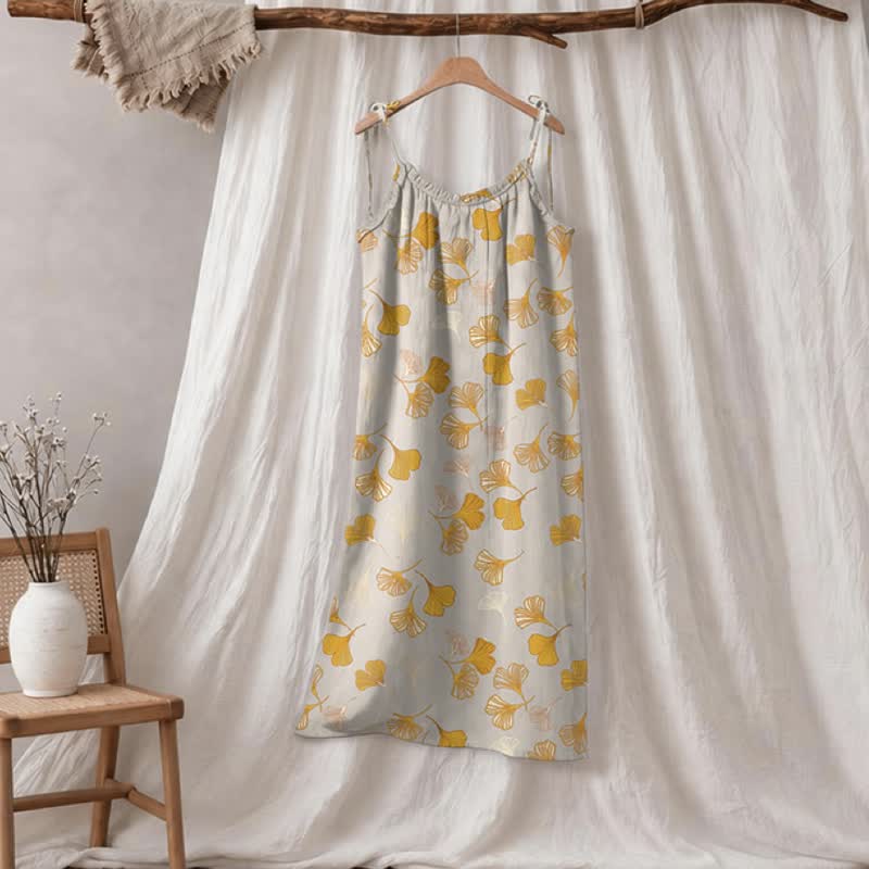 Ginkgo Leaf Tie Strap Lounge Midi Dress