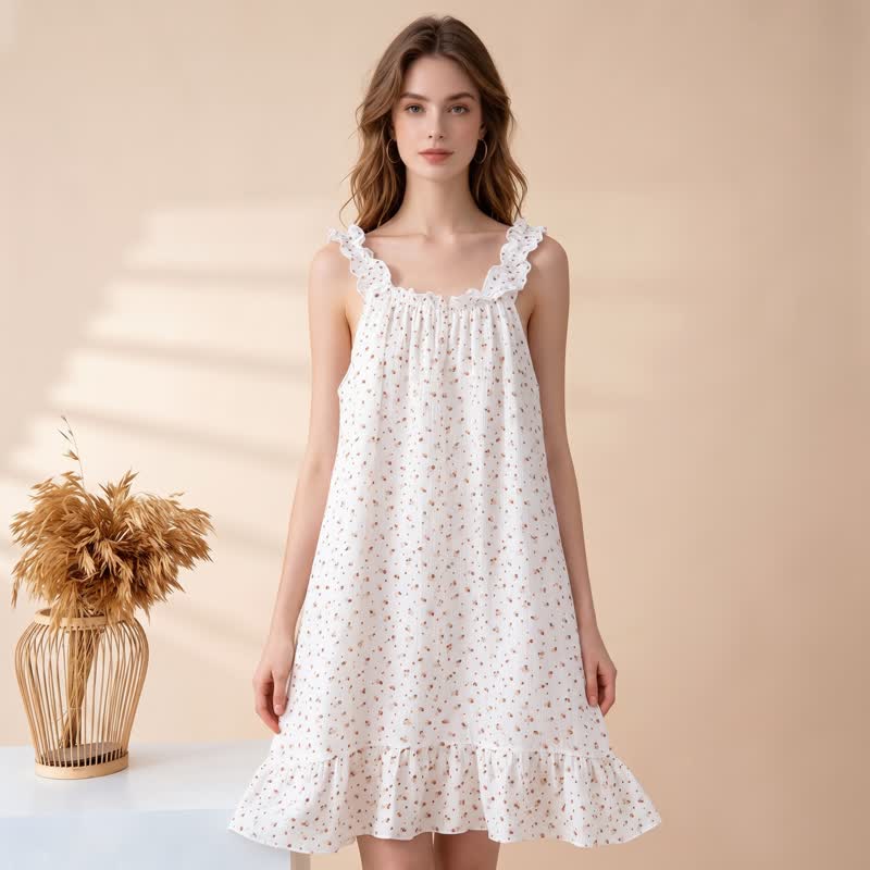 Cotton Floral Ruffle Strap Lounge Dress