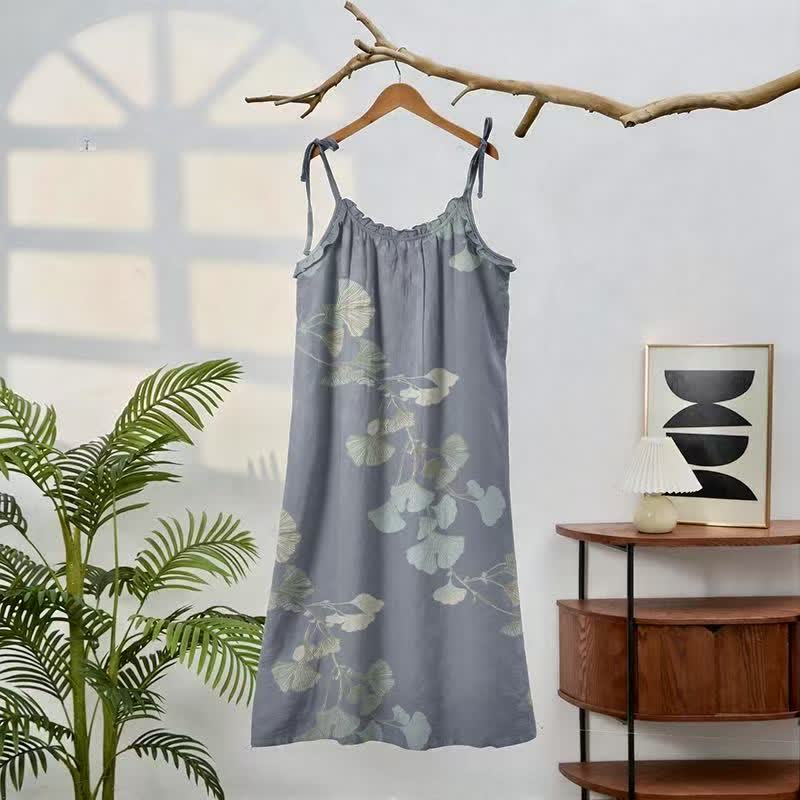 Ginkgo Leaf Tie Strap Cotton Lounge Midi Dress