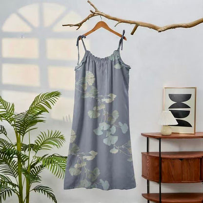 Ginkgo Leaf Tie Strap Cotton Lounge Midi Dress