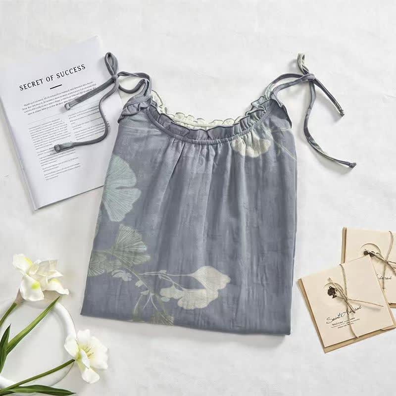 Ginkgo Leaf Tie Strap Cotton Lounge Midi Dress