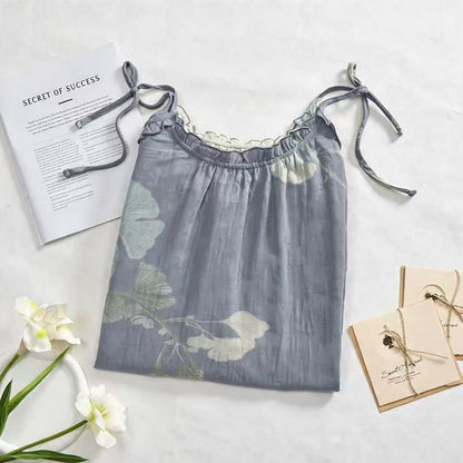 Ginkgo Leaf Tie Strap Cotton Lounge Midi Dress
