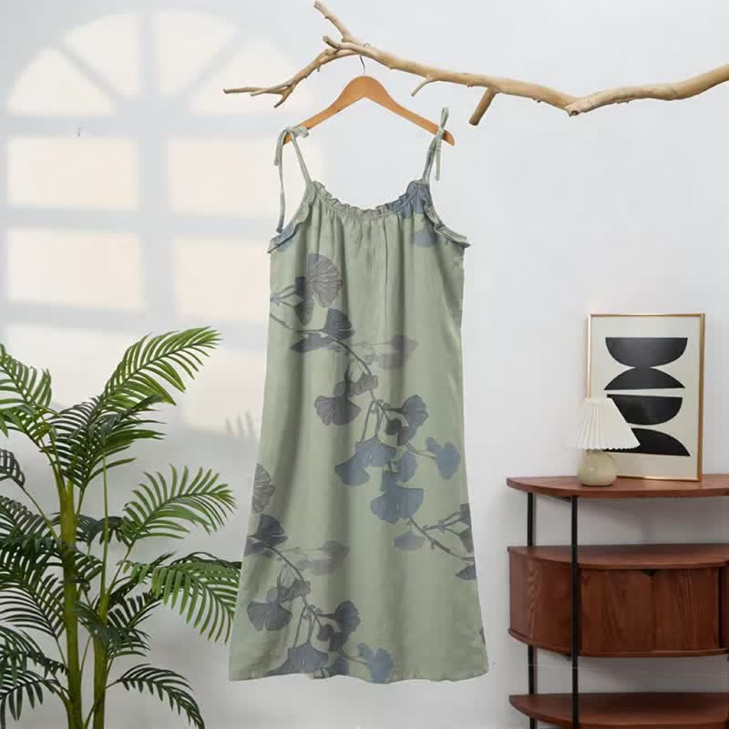 Ginkgo Leaf Tie Strap Cotton Lounge Midi Dress