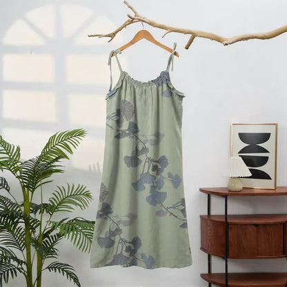 Ginkgo Leaf Tie Strap Cotton Lounge Midi Dress